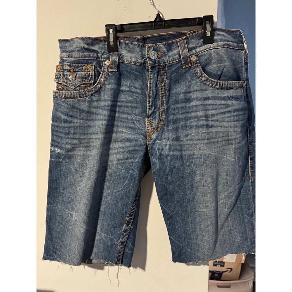 True Religion Vintage Y2K Mens Cut-Off Denim Shorts  Medium Wash Raw Hem Size 36